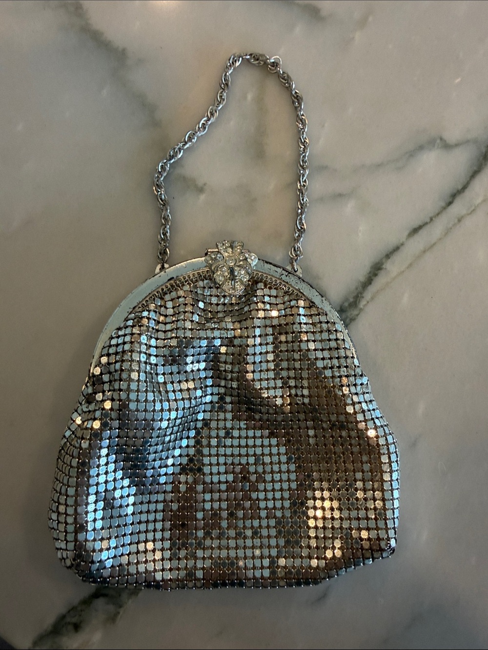 Vintage Whiting & Davis Silver Mesh Evening Clutch with Crystal Flower Clasp